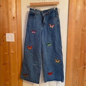 Butterfly patch wide leg jeans